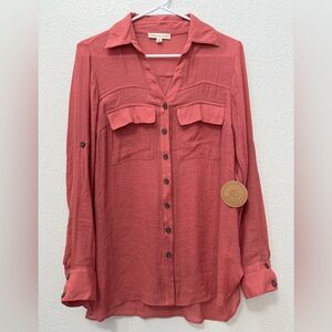 Parallel Skies Flowy Coral Button-Down Roll-tab Sleeves Shirt Size Medium, NWT